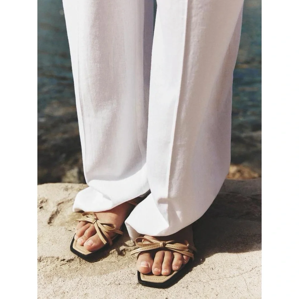 ZARA Women's Strappy Bow Trim LEATHER FLAT SANDAL SIZE 37 (6.5-7) Beige - Picture 2 of 7